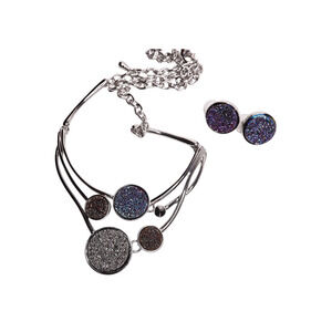 Druzy Glitter Pendant Necklace And Stud Earring Set 18 Inches